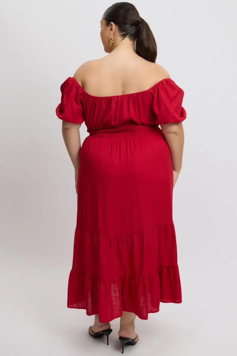 Stylish Silhouettes Red Tiered Midi Dress Short Sleeve Ruched Bust