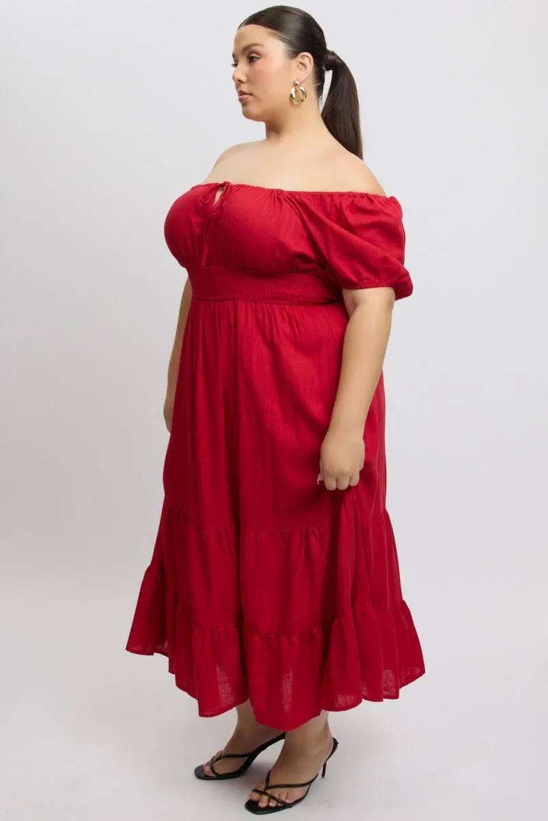 Star Light Red Tiered Midi Dress Short Sleeve Ruched Bust