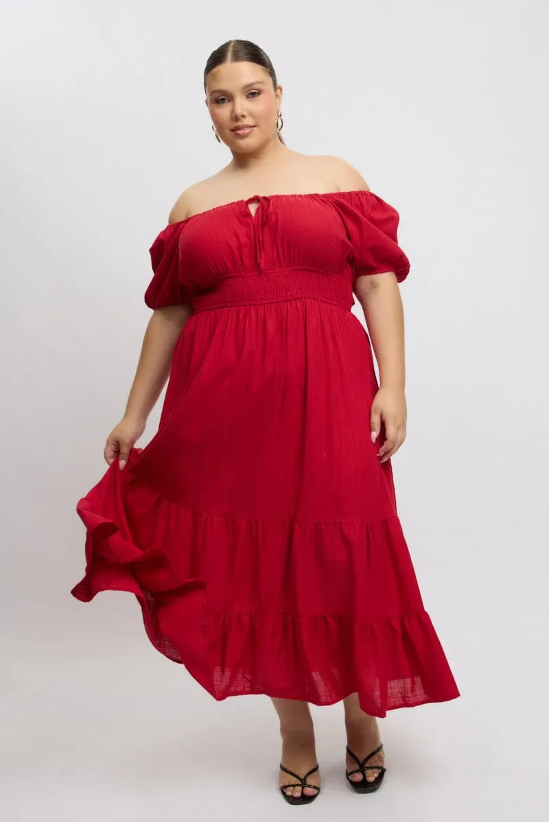 Red Tiered Midi Dress Short Sleeve Ruched Bust Port Side Timeless Look