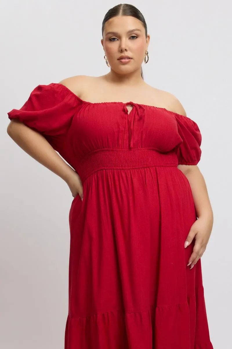 Red Tiered Midi Dress Short Sleeve Ruched Bust Seasonal Wardrobe