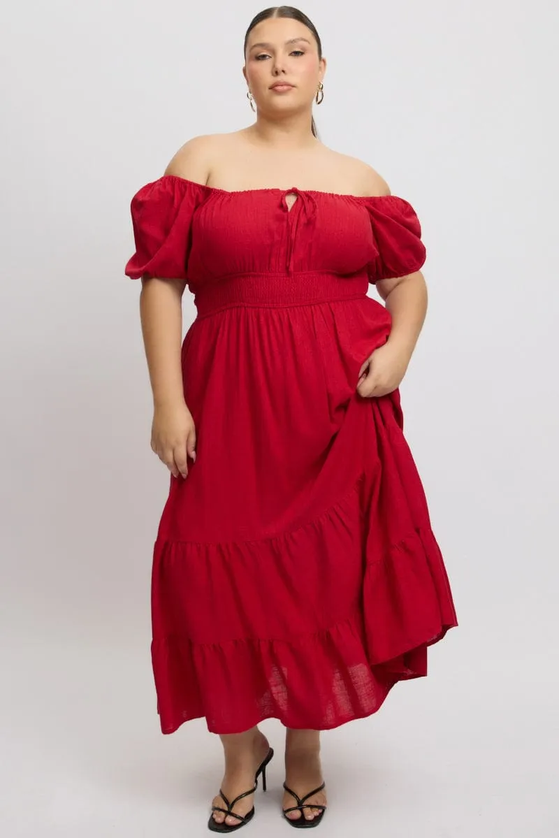 Weather Chic Red Tiered Midi Dress Short Sleeve Ruched Bust