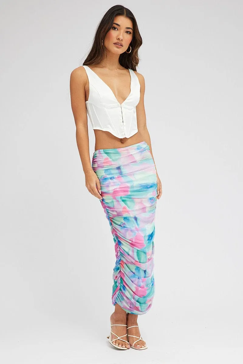 Soft Tones Multi Abstract Midi Skirt Side Ruched Mesh