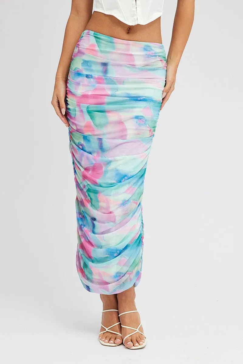 Stylish Vibe Multi Abstract Midi Skirt Side Ruched Mesh