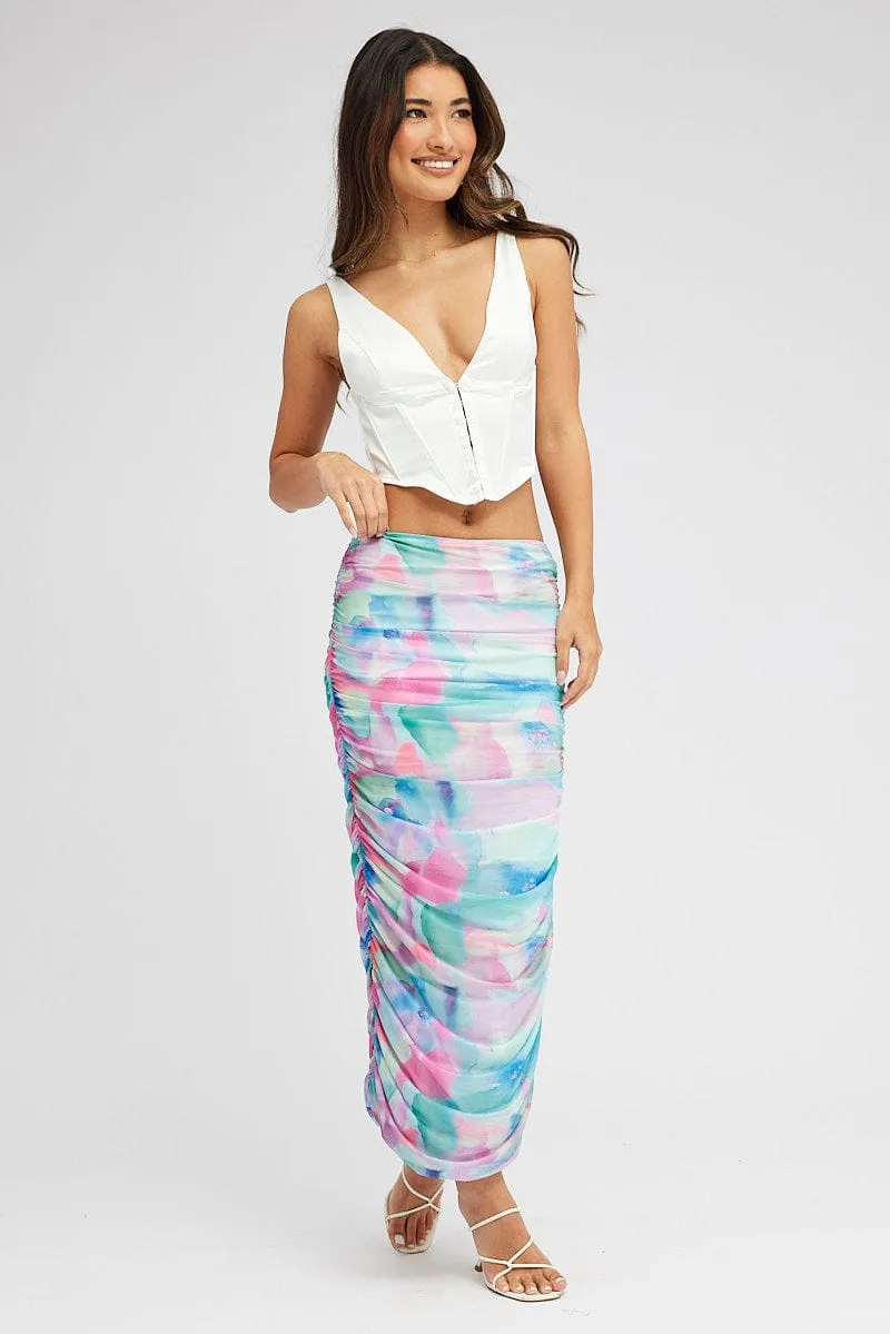 Comfort Fit Double Layer Multi Abstract Midi Skirt Side Ruched Mesh