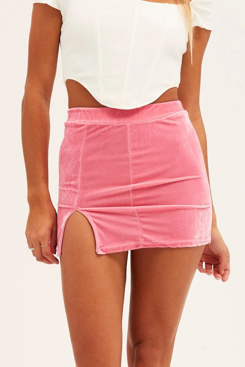 Elegant Texture Travel Influence Pink Velvet Slip Mini Skirt