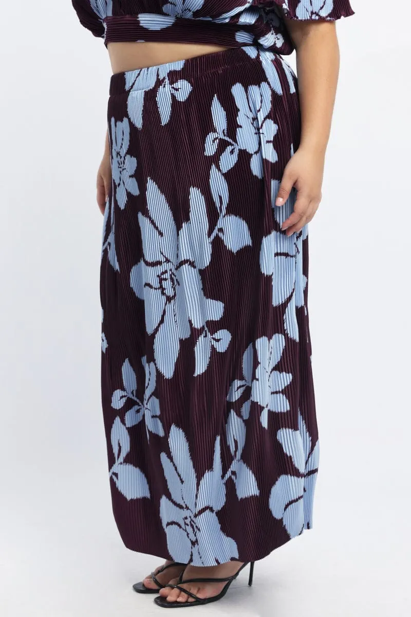 Ultra Comfort Purple Abstract Plisse Pleated Floral Print Maxi Skirt