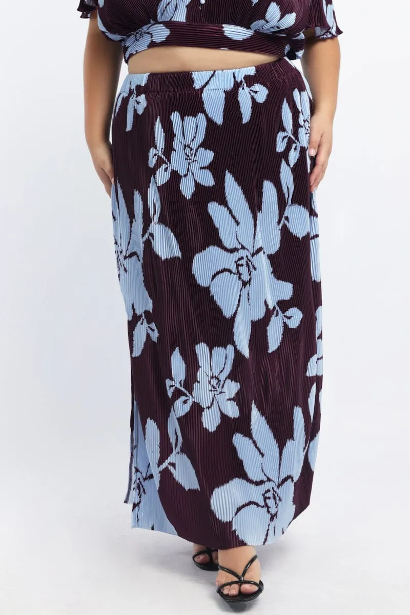 Purple Abstract Plisse Pleated Floral Print Maxi Skirt Outfit Shot Designer Inspired