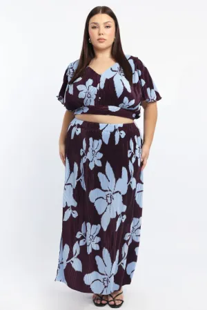 Slow Fashion Refined Edge Purple Abstract Plisse Pleated Floral Print Maxi Skirt