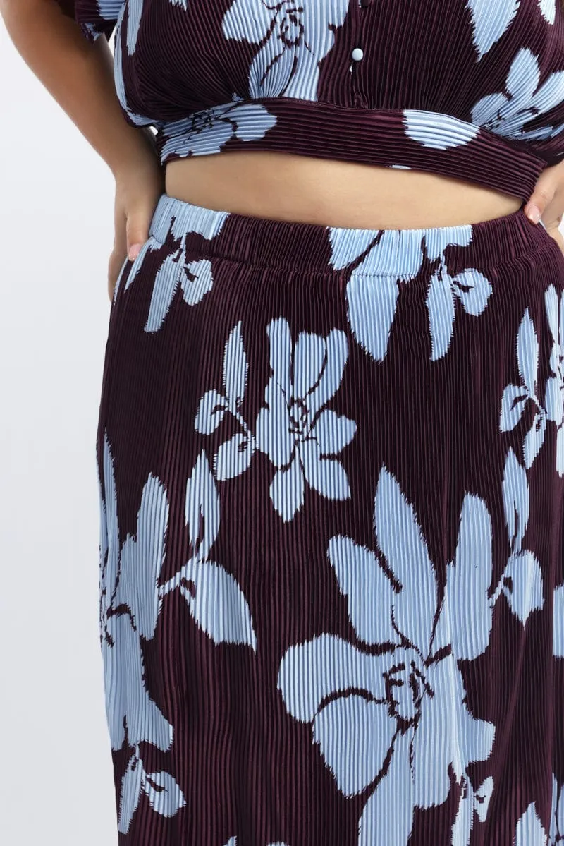 Sporty Edge Split hem Purple Abstract Plisse Pleated Floral Print Maxi Skirt