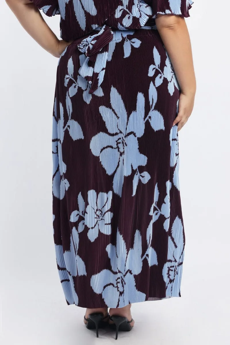 Purple Abstract Plisse Pleated Floral Print Maxi Skirt High Shine