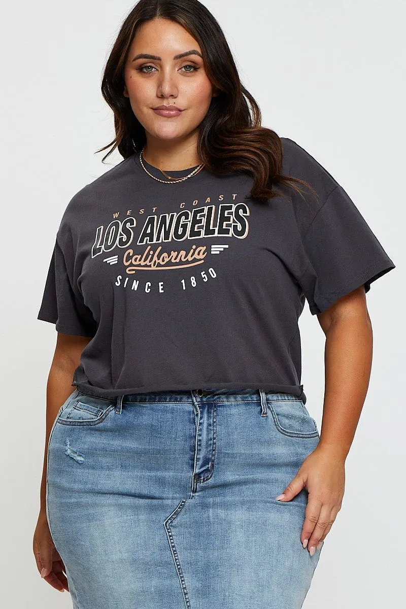 Relaxing Fit Grey Crop T-shirt Los Angeles Short Sleeve Semi