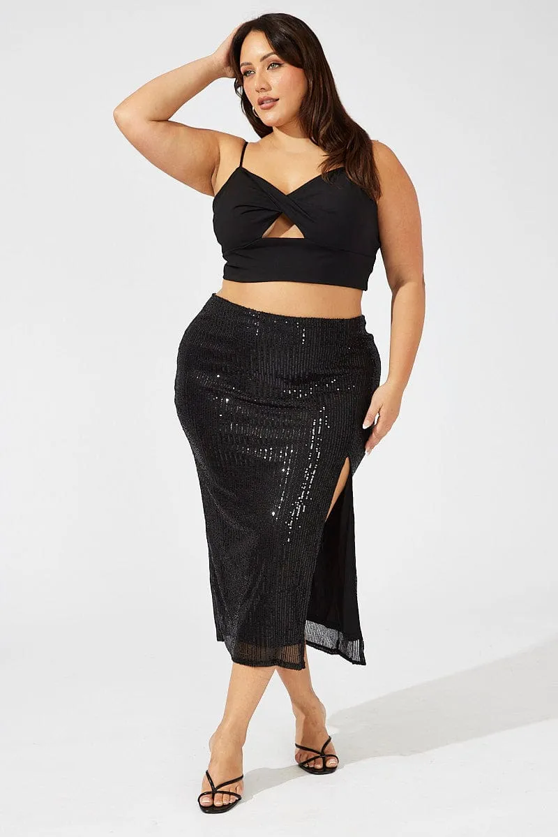 Black Long Sequin Split Skirt Wardrobe Classic