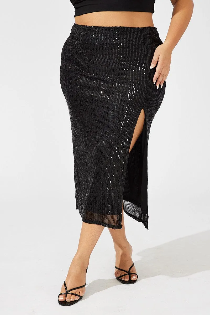 Black Long Sequin Split Skirt Contemporary Mood Casual Feel