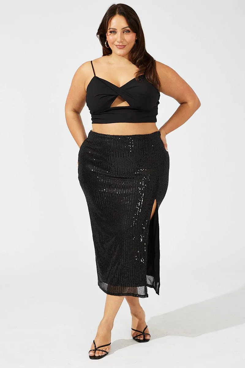 Black Long Sequin Split Skirt light colors