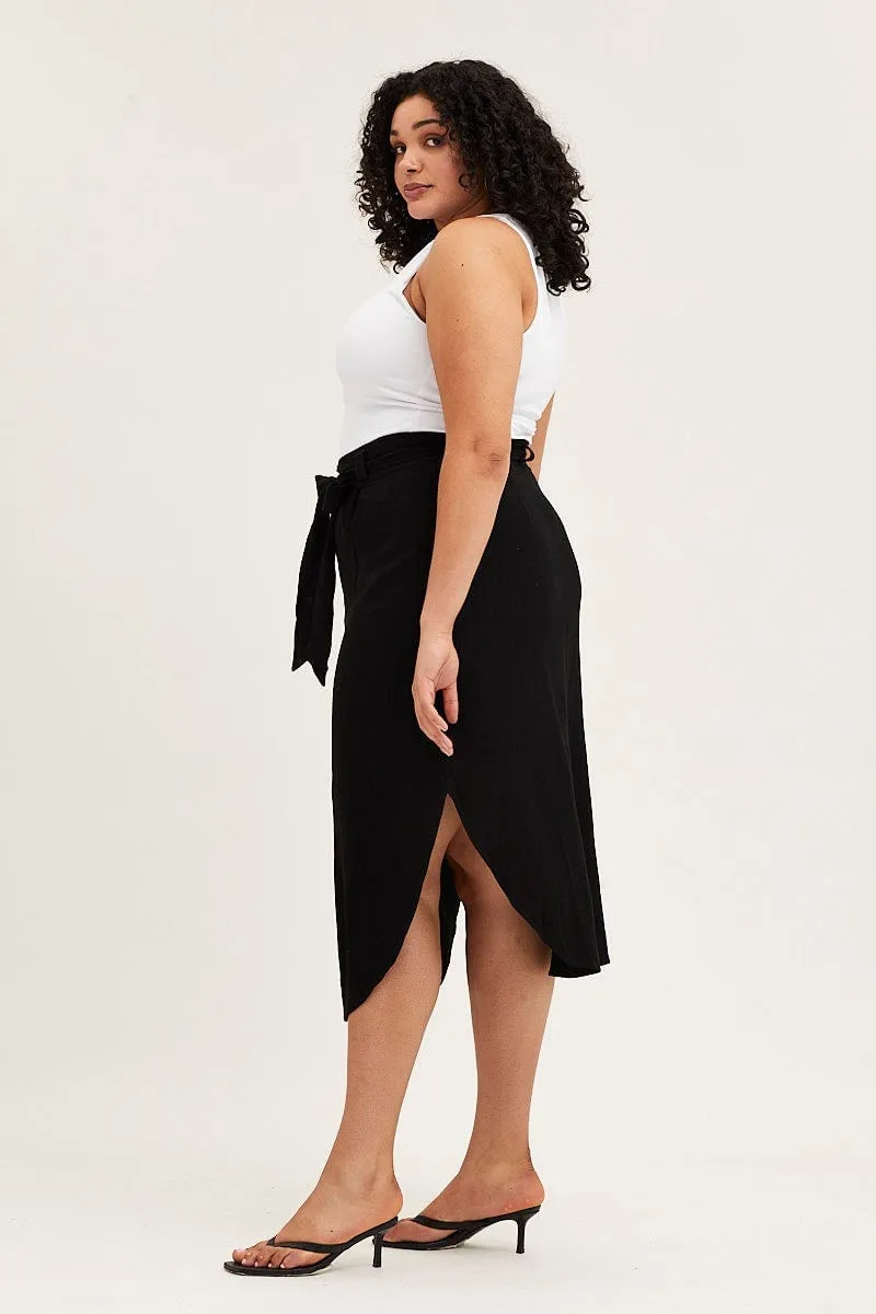 Runway Ready Clean Cut Black Button Front Linen Blend Midi Skirt