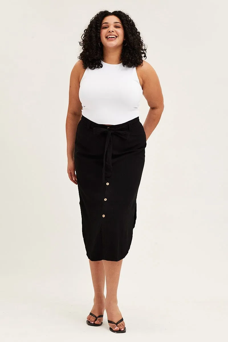 Outfit Lookbook Timeless Wear Black Button Front Linen Blend Midi Skirt