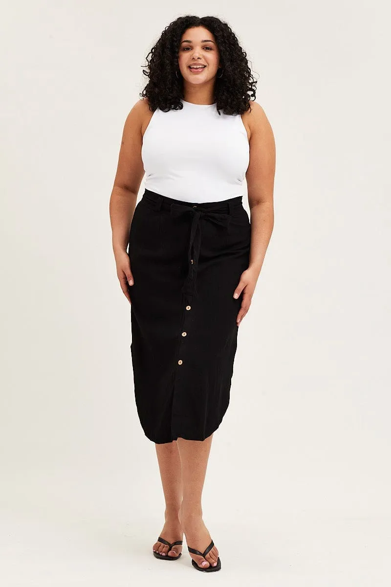 Lifestyle Look Black Button Front Linen Blend Midi Skirt