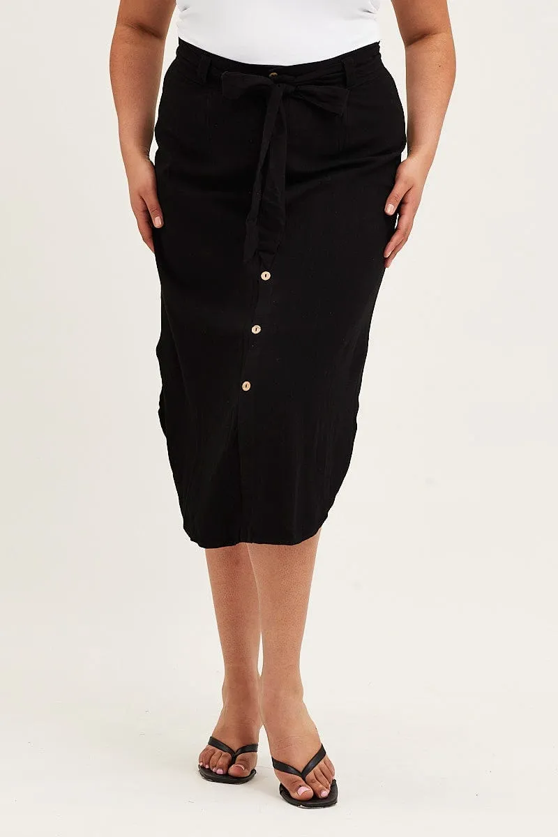 Soft Movement High Street Chic Black Button Front Linen Blend Midi Skirt