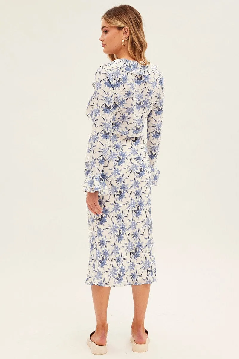 Blue Floral Midi Skirt Slip Floral Print Removable Belt