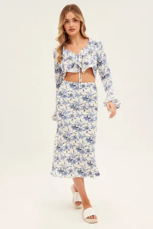 Urban Style Blue Floral Midi Skirt Slip Floral Print