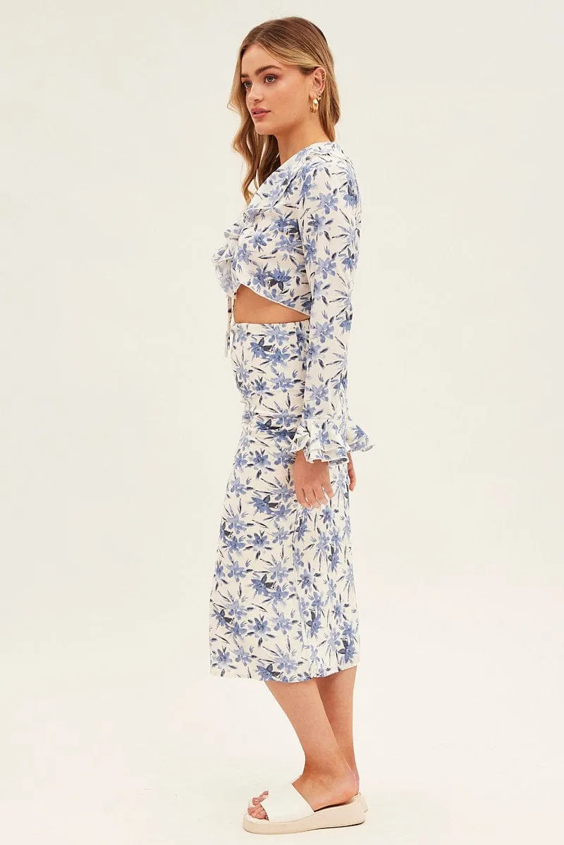 Functional Detail Blue Floral Midi Skirt Slip Floral Print