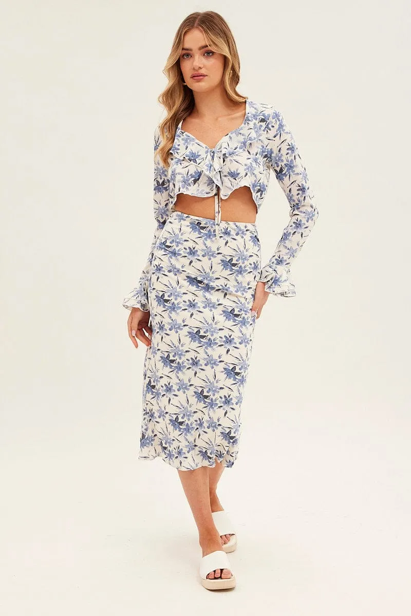 Weekend Vibes Blue Floral Midi Skirt Slip Floral Print