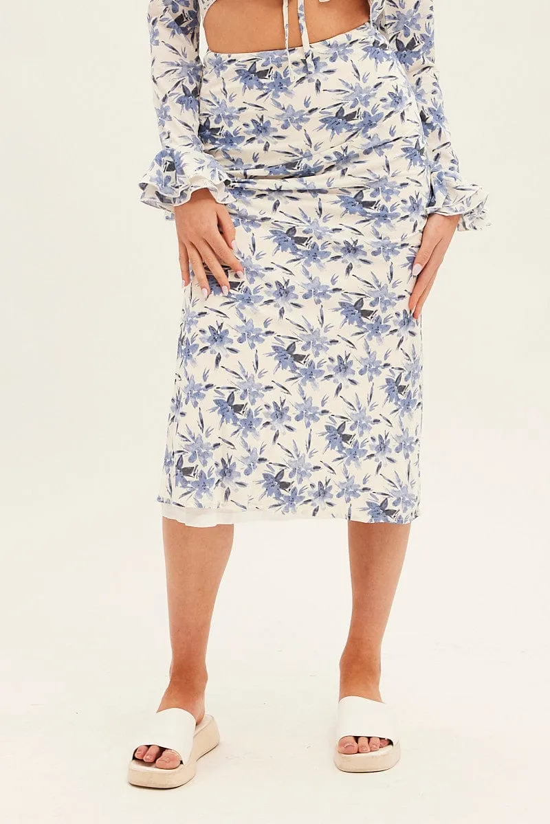 Blue Floral Midi Skirt Slip Floral Print Button Details