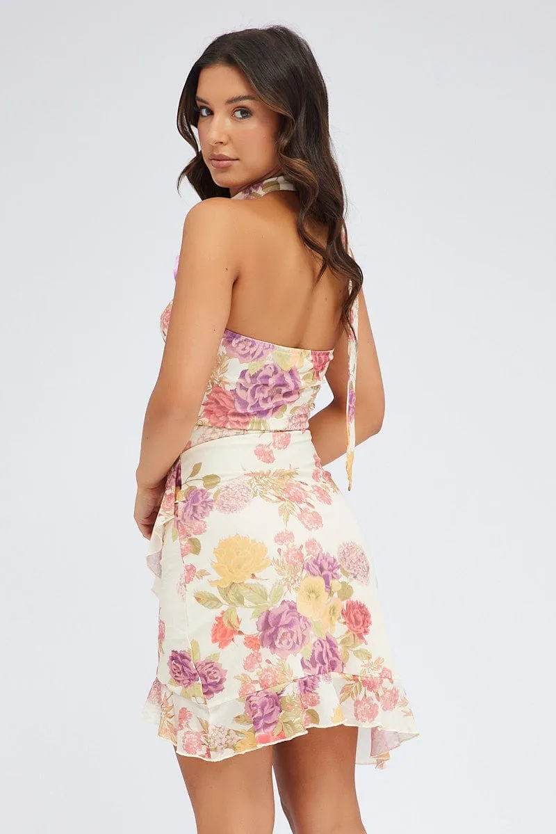 Night Rush Skin Feel White Floral Mini Dress Sleeveless Scarf Ruffled Rosette Brooch