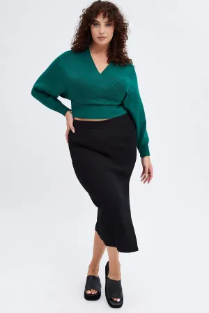 Black Knit Skirt Midi Side Split Fresh Detail High Waist