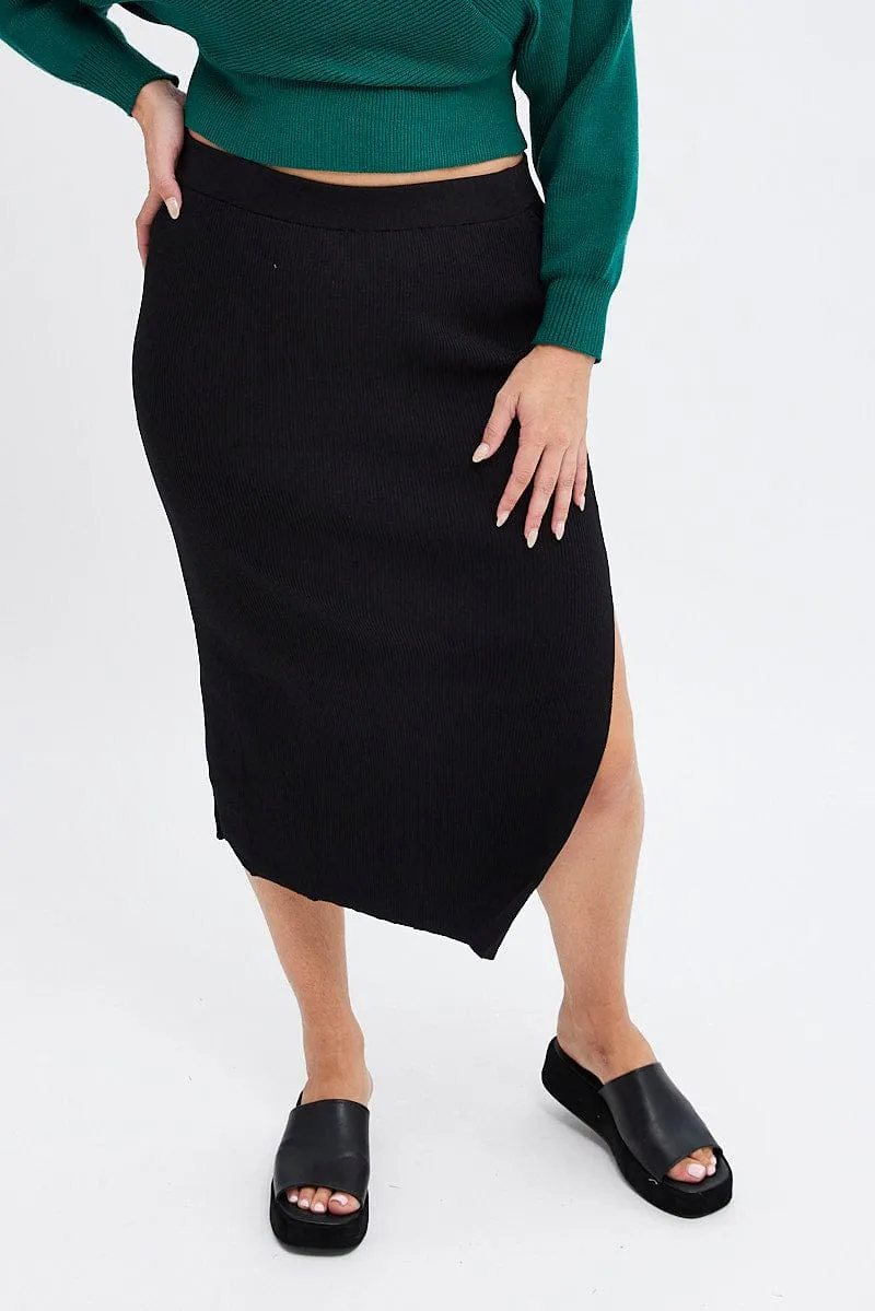 Black Knit Skirt Midi Side Split Effortless Feel Soft Movement