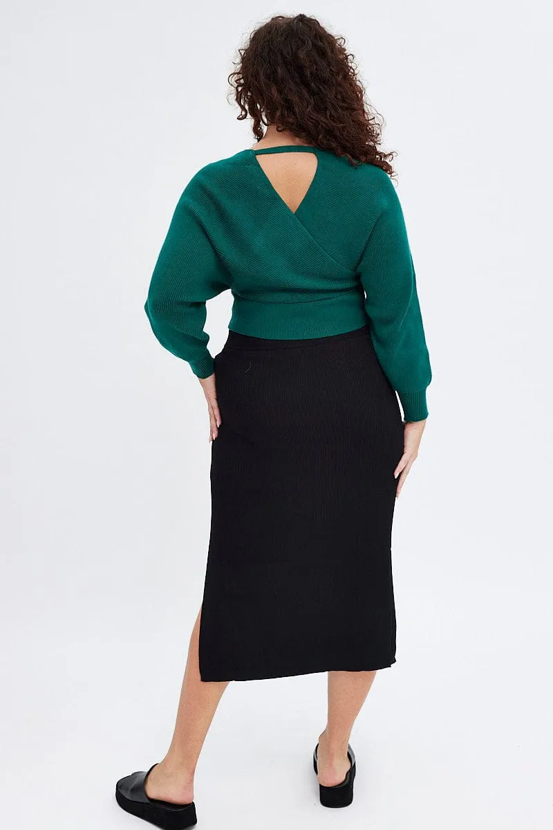 Handmade Quality Smart Look Black Knit Skirt Midi Side Split
