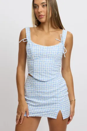 Vibrant Flow Blue Check Mini Skirt High Rise Split