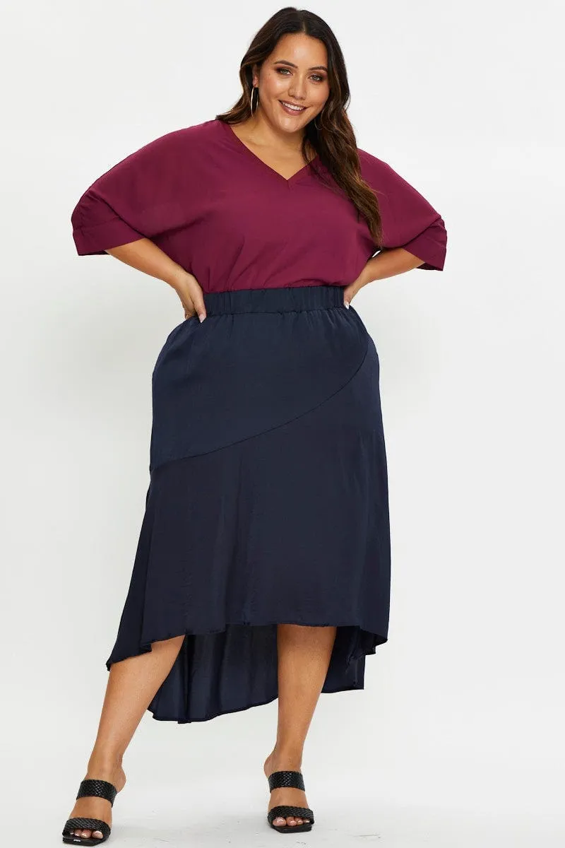 Blue Midi Satin Skirt Flow Look