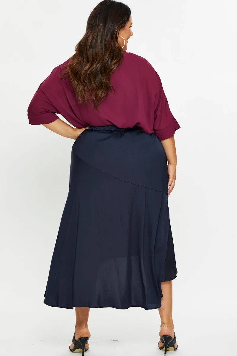 Blue Midi Satin Skirt Contoured Waist