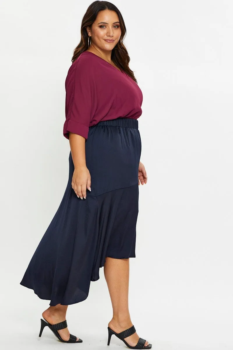 Stretch Material Everyday Look Blue Midi Satin Skirt