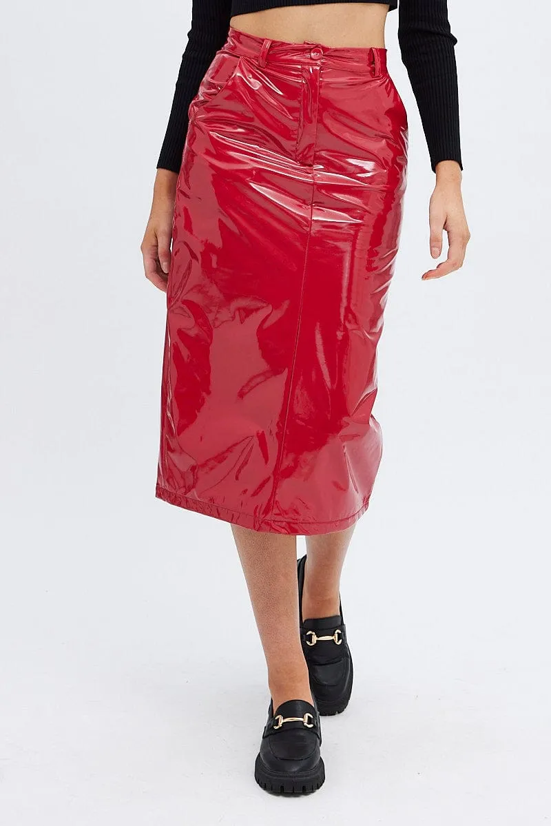 Red Midi Skirt High Rise Pencil PU Patent Faux Leather high contrast
