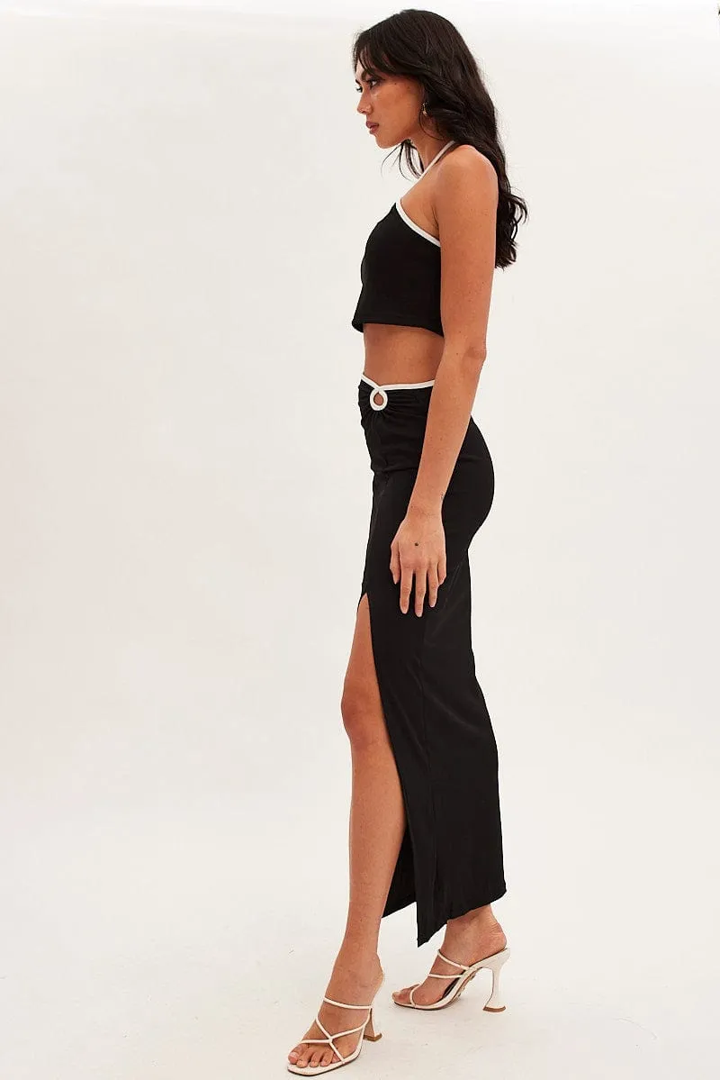 Black Bodycon Skirt Midi Ribbed Contrast Bind Light Comfort Polka Dot