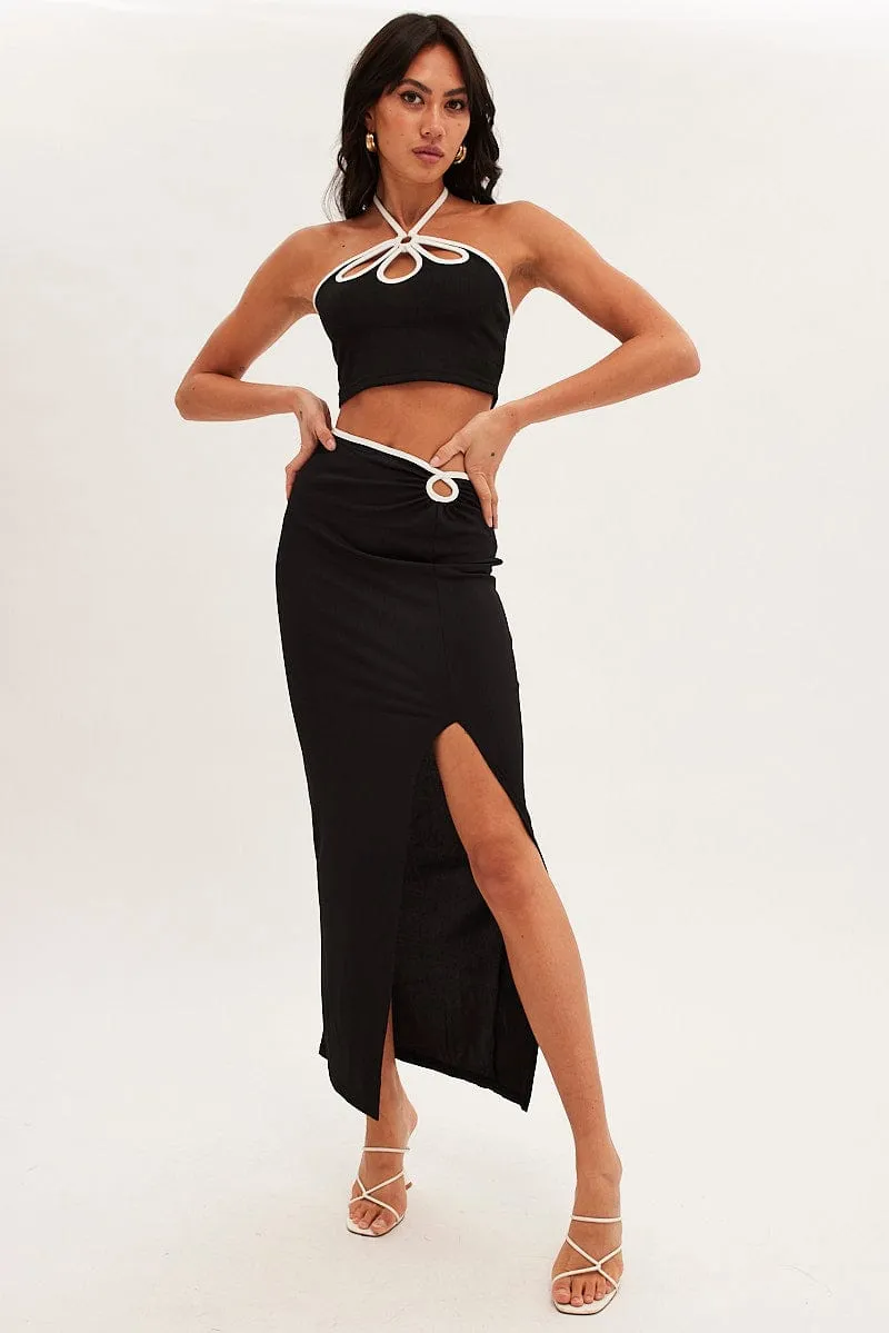 A Line Cut Black Bodycon Skirt Midi Ribbed Contrast Bind