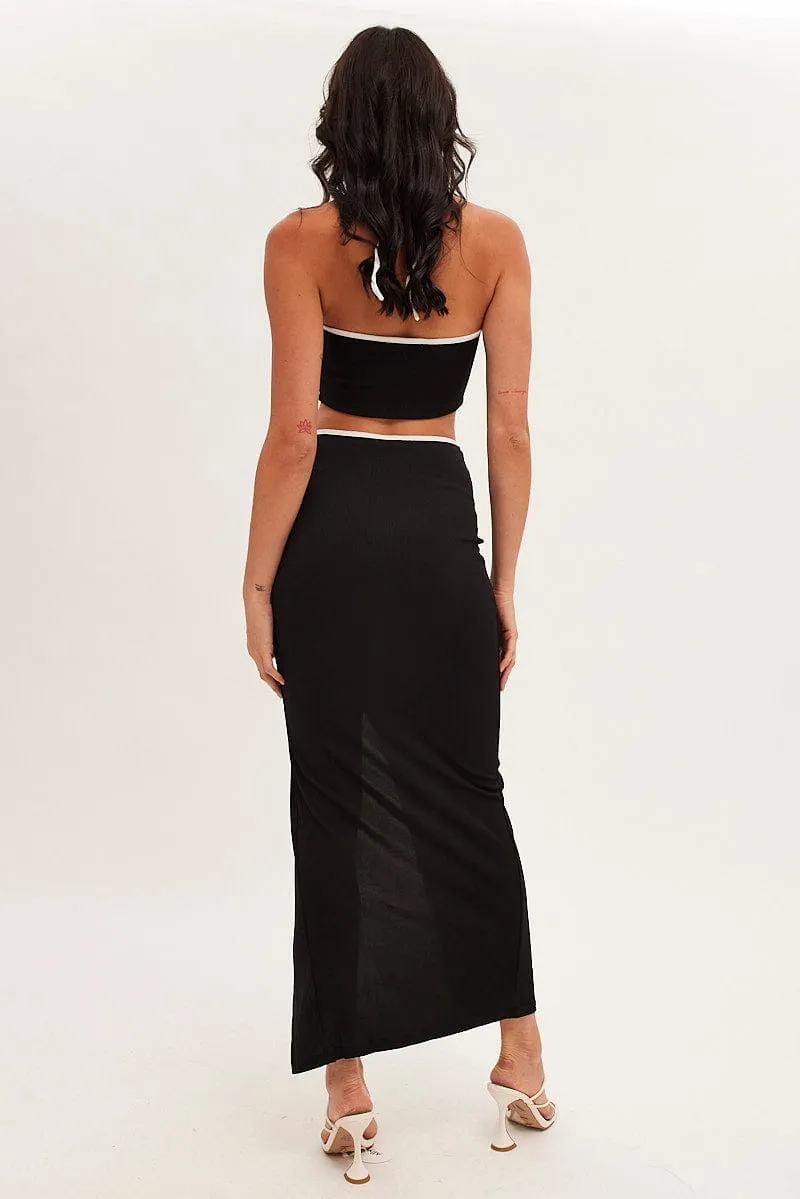 Black Bodycon Skirt Midi Ribbed Contrast Bind Denim style