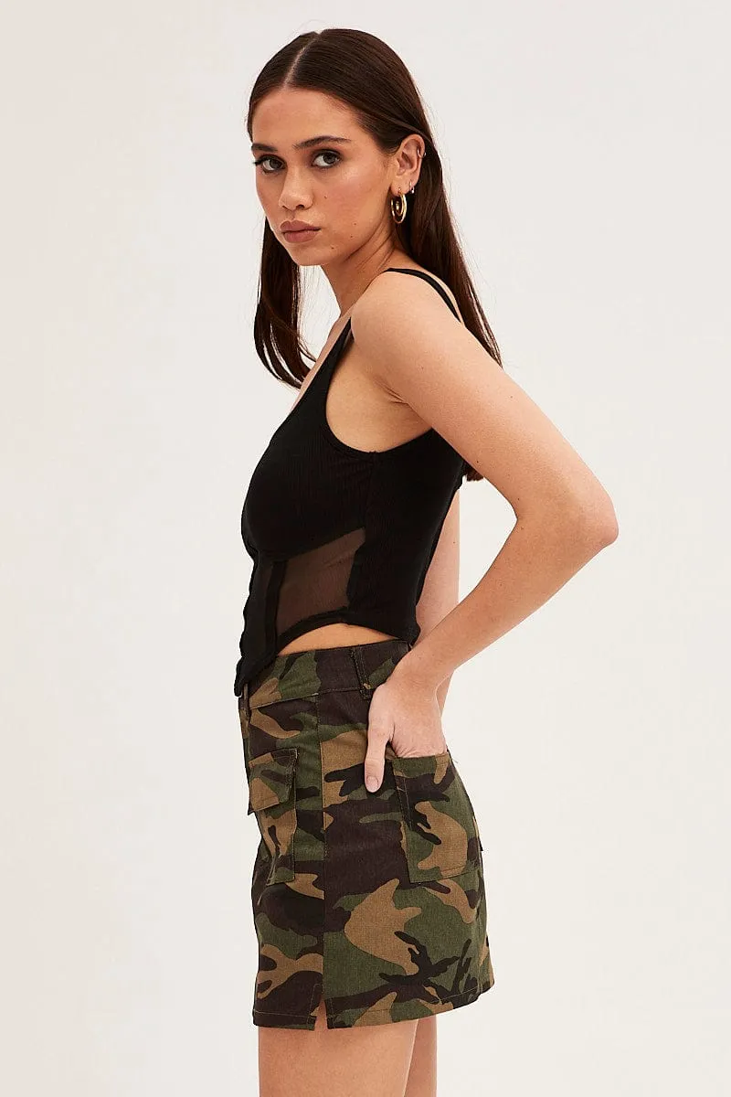 Outdoor Outfit Figure Flattering Green Print Camoflage Cargo Mini Skirt