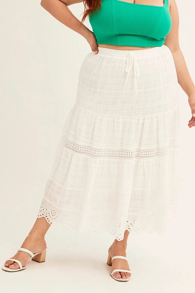 Chic Mood Pure Vibes White Elastic Waist White Lace Trim Maxi Skirt