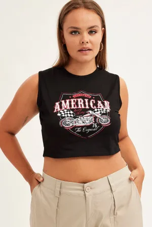 Relaxed Smart Black Print Tank Top American Graphic Sleeveless Jersey
