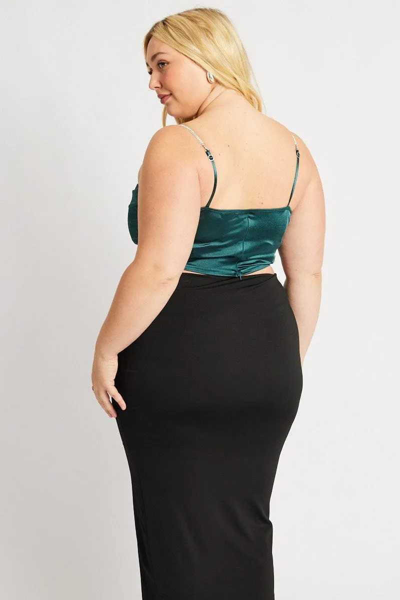 Green Satin Cami Top Cowl Neck Diamante Strap ShockAbsorbent Padding