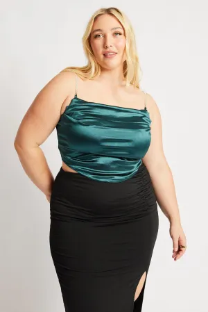 Green Satin Cami Top Cowl Neck Diamante Strap DurableBlend NonRestrictiveSilhouette