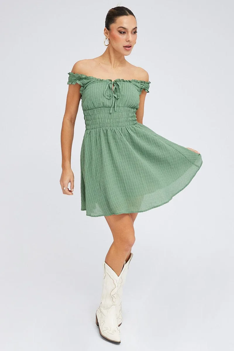 Lightweight Jacket Green Fit and Flare Dress Sleeveless Waist Shirred