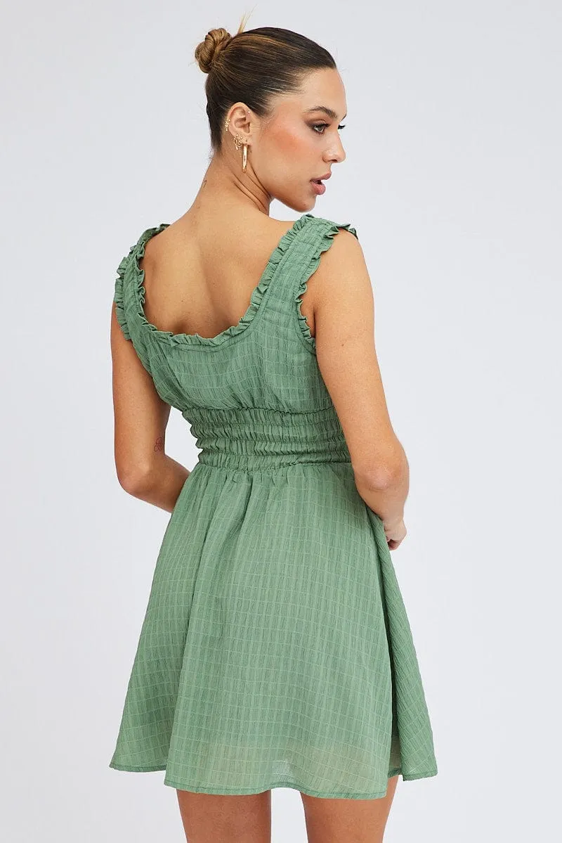 Green Fit and Flare Dress Sleeveless Waist Shirred Cyber Glow