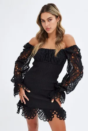 Strong Denim Black Embroidered Sleeves Shirred Bodycon Dress