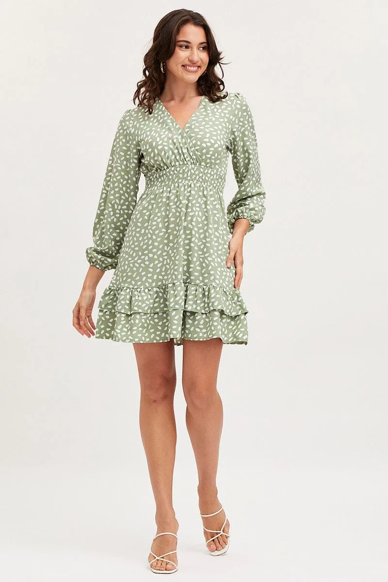 Daywear Style OdorResistant Fabric Geo Print Skater Dress Long Sleeve Mini Ruffle