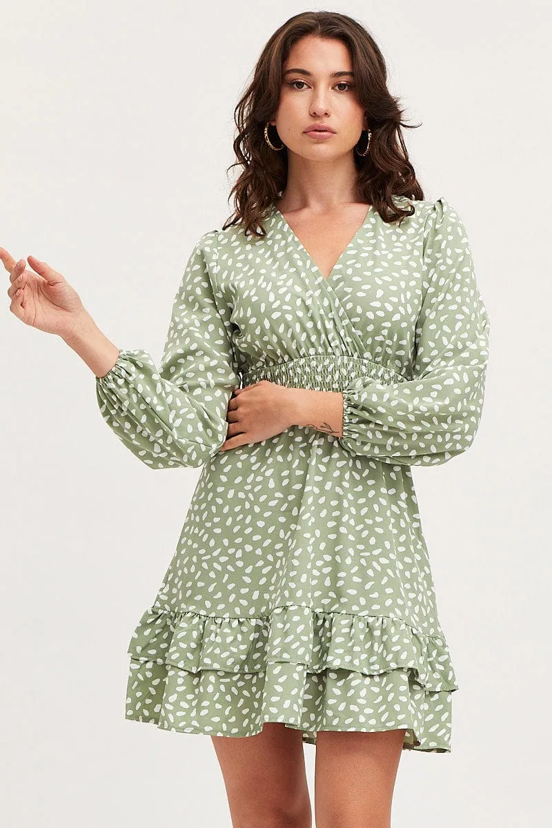 Vintage Soul Rain Fit Geo Print Skater Dress Long Sleeve Mini Ruffle