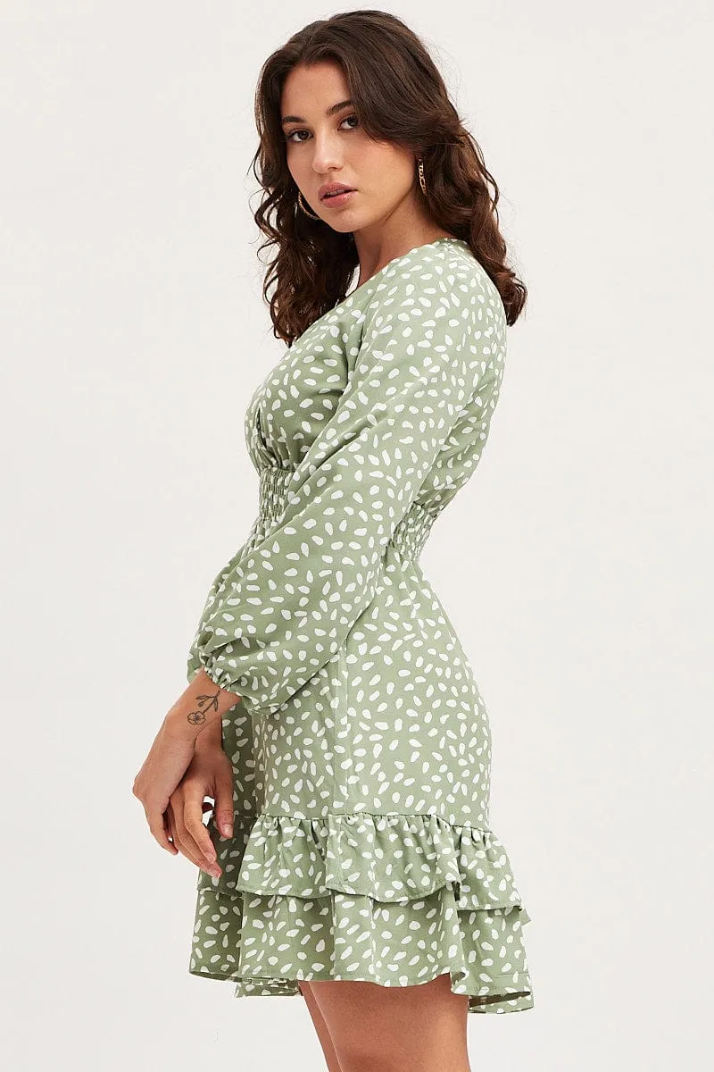 Flexible Hemline Geo Print Skater Dress Long Sleeve Mini Ruffle